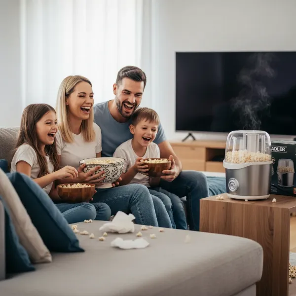 A family enjoying popcorn made with an Adler popcorn maker during a movie night.