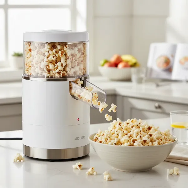 An Adler hot air popcorn maker in action, with popcorn flowing into a bowl. Minimalist kitchen background.