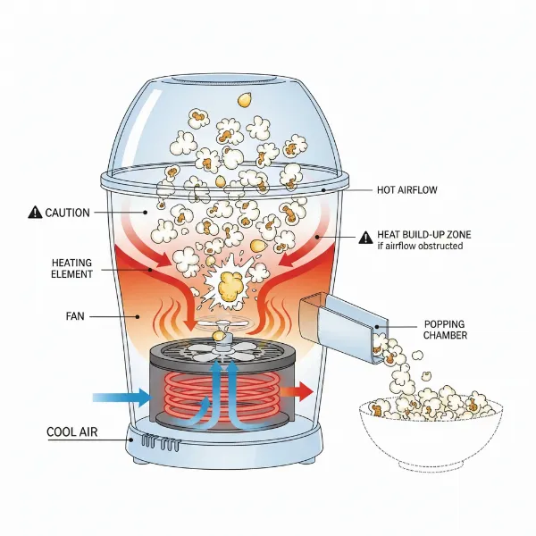 An air popper in operation, showing hot air circulation and potential overheating points.