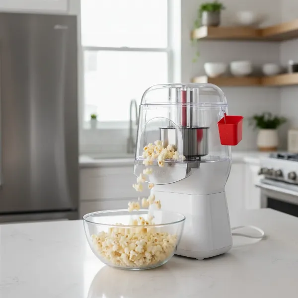 A sleek Bella Hot Air Popcorn Maker on a kitchen countertop, actively popping corn with steam.