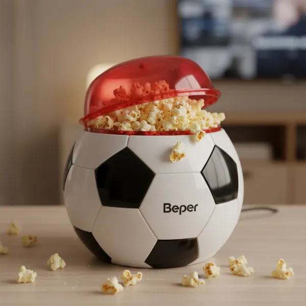 A small batch of popcorn coming out of the Beper football popcorn maker, indicating its capacity for personal or small group use.