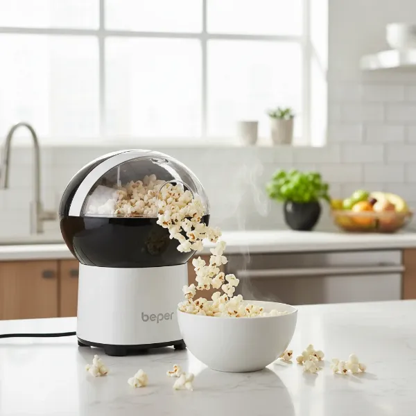 A Beper football-shaped popcorn maker producing healthy, oil-free popcorn into a bowl, emphasizing a vibrant, clean kitchen setting.