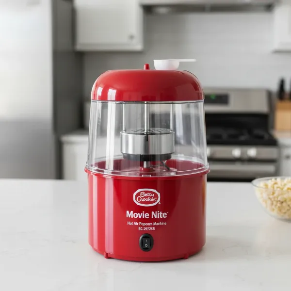 A red Betty Crocker Movie Nite hot air popcorn machine on a kitchen counter, ready for use.