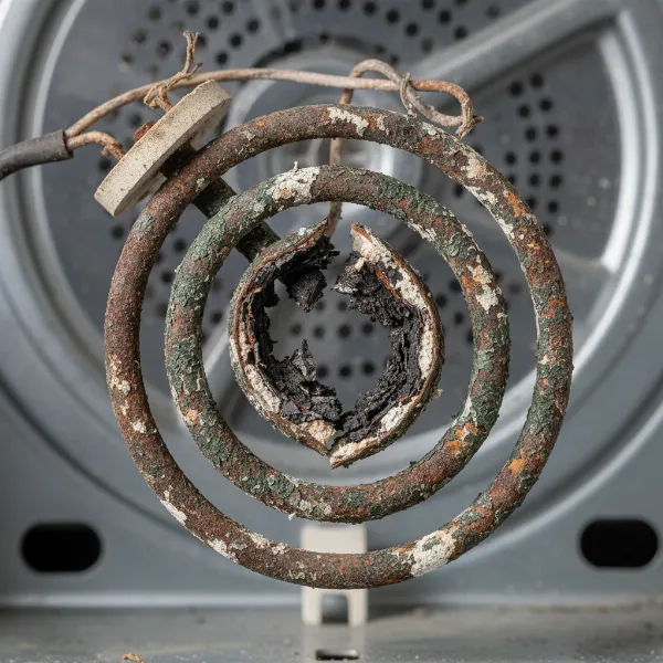 Close-up of a visibly broken, burnt-out heating element from a common household appliance.
