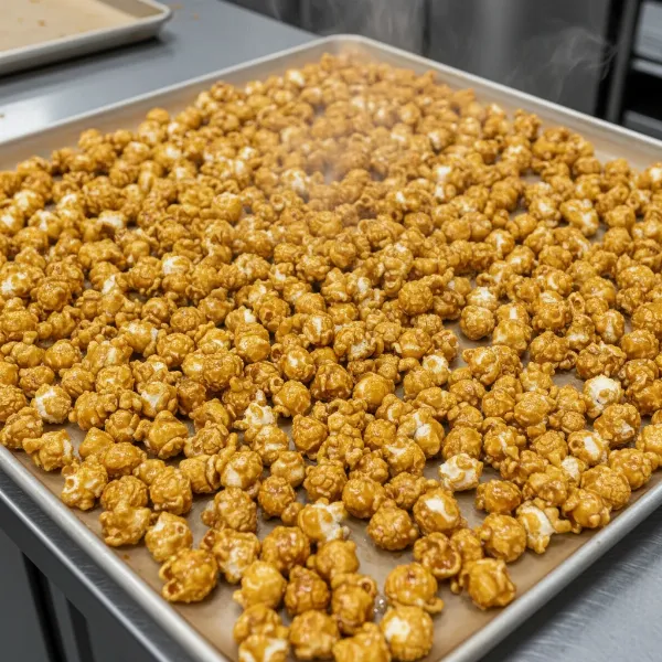 Freshly coated caramel popcorn spreading out on a cooling tray to prevent clumping.
