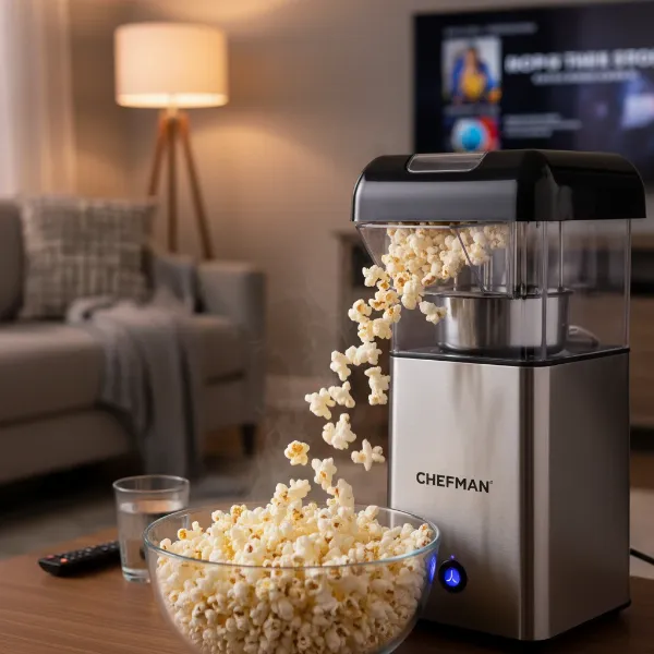 Chefman hot air popcorn maker producing healthy, oil-free popcorn for a snack.