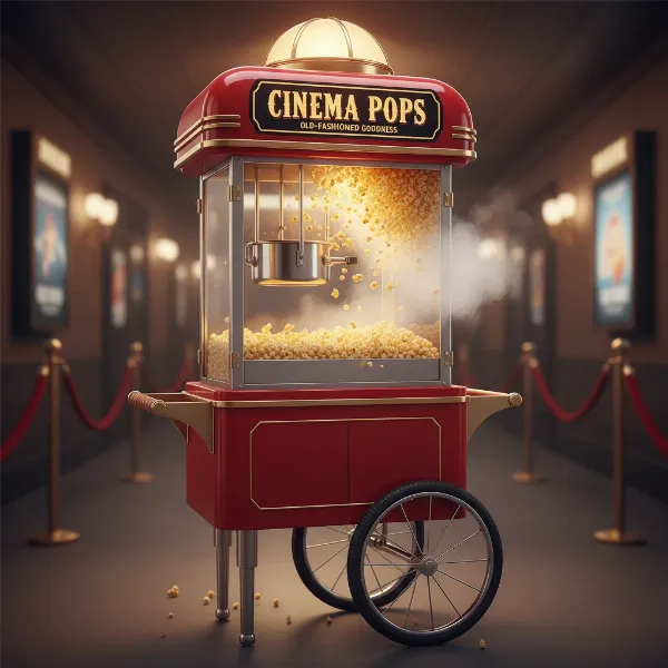 A large red retro popcorn maker on a cart, resembling a classic cinema or carnival machine.
