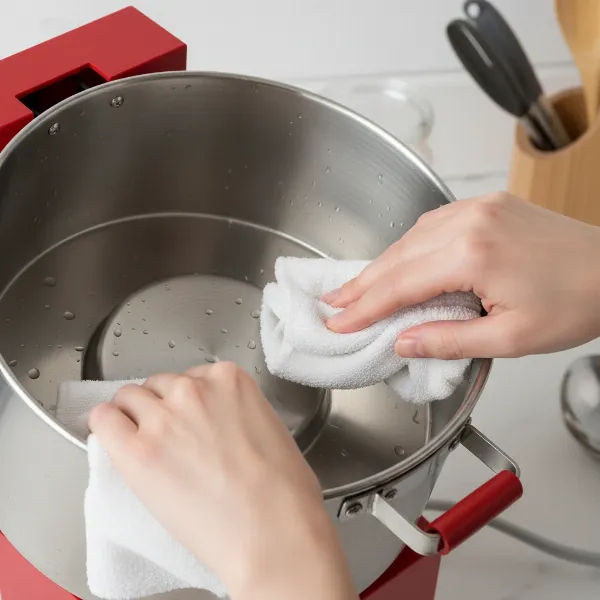 A person cleaning an electric popcorn maker with a cloth, showing a clean surface.