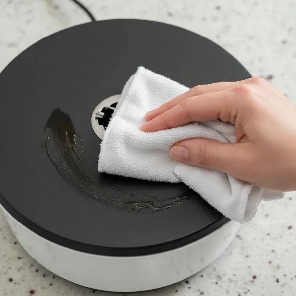 Hand using a soft cloth and lemon juice to gently clean stubborn residue from a popcorn maker's non-stick base.