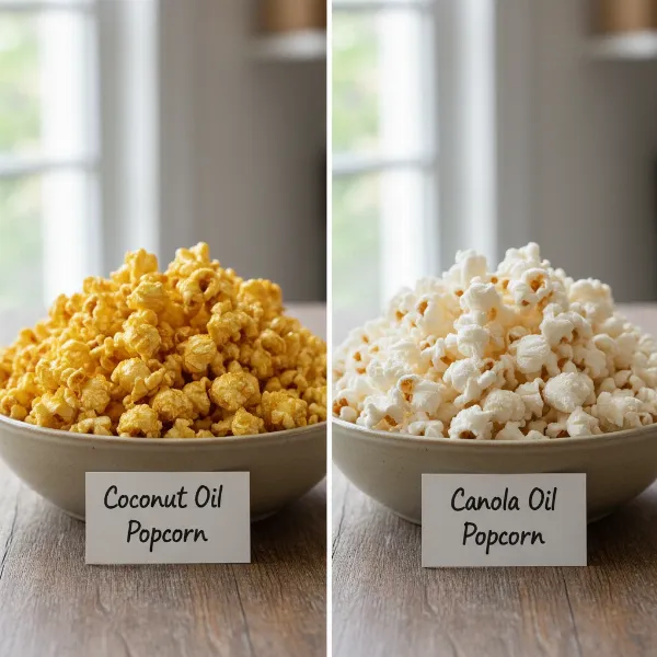 Two bowls of popped popcorn, one made with coconut oil, one with canola oil, showing visual differences.