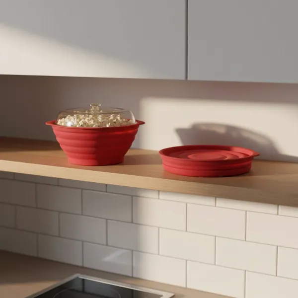A collapsible silicone microwave popcorn maker in a small kitchen setting, folded for storage