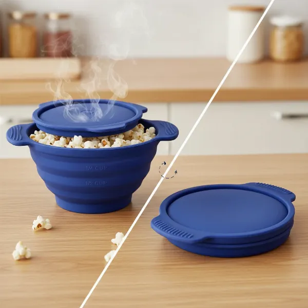 Collapsible silicone popcorn maker highlighting its features: integrated handles, lid, and measuring lines.