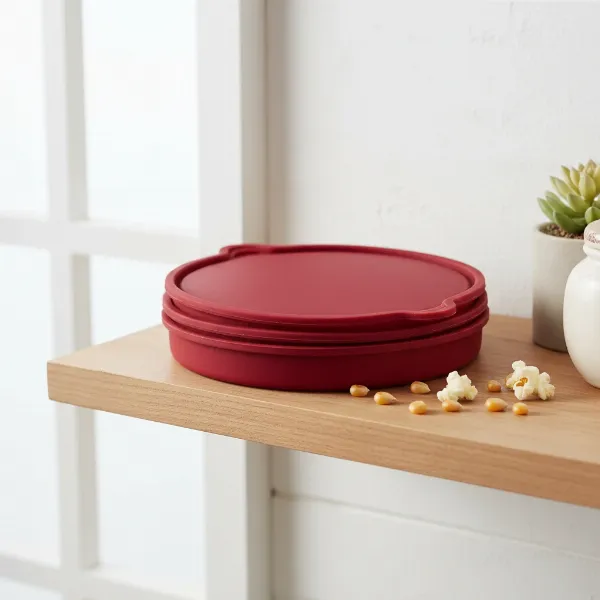Flexible, red food-grade silicone microwave popcorn popper, shown collapsed for compact storage.
