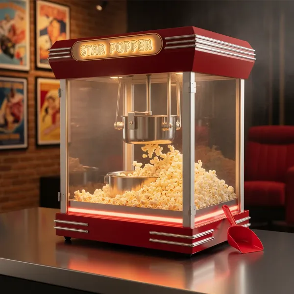 A classic red commercial-style popcorn maker with a heated kettle, clear glass panels, and a warming deck, ready for large parties.