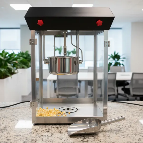 A sturdy, commercial-grade kettle popcorn maker with stainless steel features in an office setting.