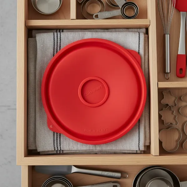 Cuisinart Pop and Serve Silicone Collapsible Popcorn Maker in its collapsed, flat state, stored efficiently in a kitchen drawer alongside other utensils, emphasizing its space-saving design. 