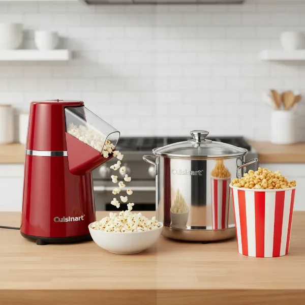 Side-by-side comparison of Cuisinart EasyPop Hot Air and Oil Popcorn Makers