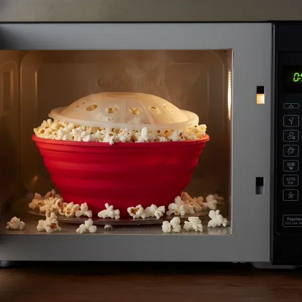 Cuisinart Pop and Serve Silicone Collapsible Popcorn Maker actively popping in a microwave, showing fluffy white popcorn filling the red silicone bowl with a vented lid. 