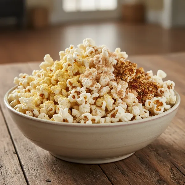 A bowl of freshly made, customized popcorn with various seasonings, ready to eat.