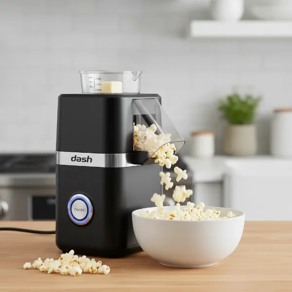 Dash Hot Air Popcorn Maker with key features highlighted: compact design, one-touch operation, butter melting tray