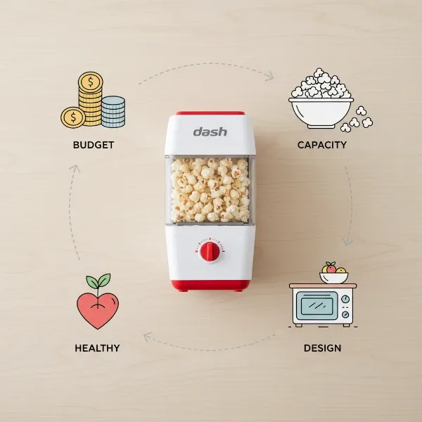 Dash Hot Air Popcorn Maker surrounded by icons representing key buying factors: budget, capacity, design, and healthy snacking