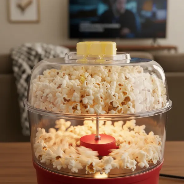 Dash SmartStore popcorn maker popping corn, butter melting, ready for family movie night.