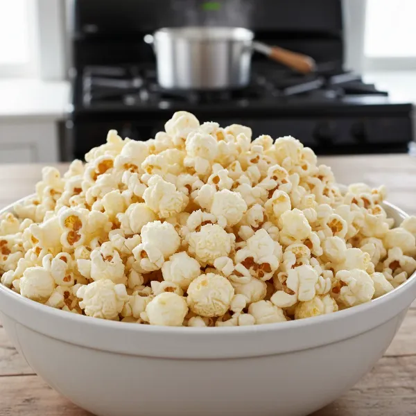 A large bowl overflowing with perfectly popped, fluffy, buttery popcorn ready for eating.