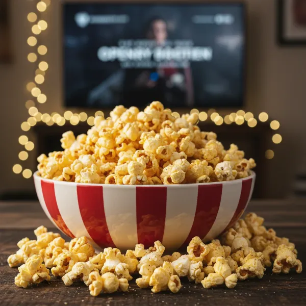 A large bowl of freshly made, delicious movie theater style popcorn, ready for consumption.