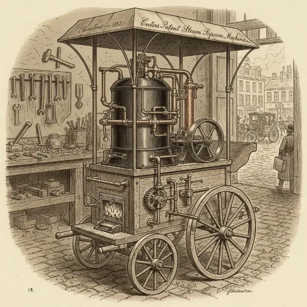 Illustration of Charles Cretors' first steam-powered commercial popcorn machine from 1885, a groundbreaking invention.