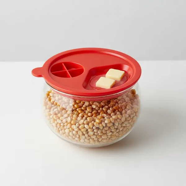 Ecolution Micro-Pop popcorn popper, borosilicate glass bowl, and multi-functional lid for measuring and butter melting.