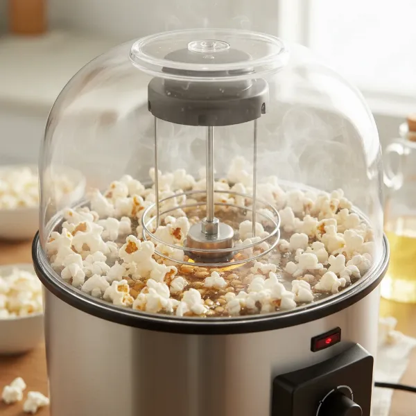 An electric oil popcorn maker efficiently popping kernels into fluffy popcorn.