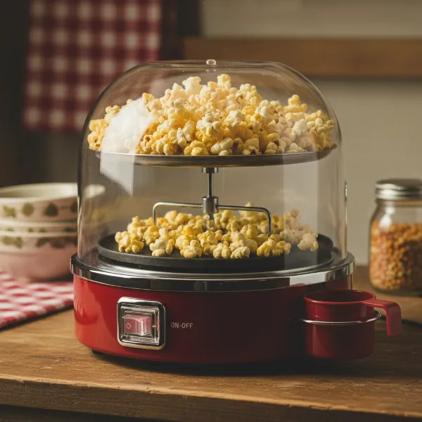 A classic electric oil popcorn popper with a stirring rod, actively popping kernels.