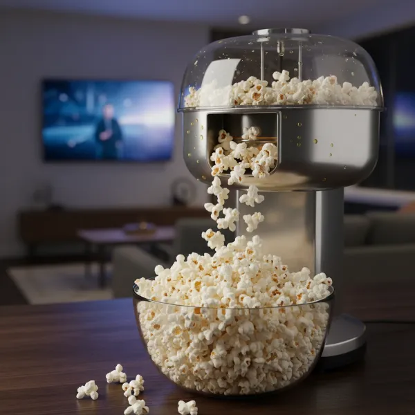 An electric oil popcorn maker churning out fresh popcorn for a cozy movie night.