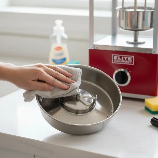 A person easily cleaning the detachable kettle of an Elite Gourmet popcorn maker, highlighting the ease of maintenance.