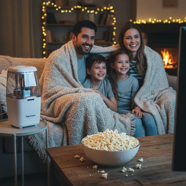 family enjoying fresh popcorn from an esperanza hot air popper during movie night