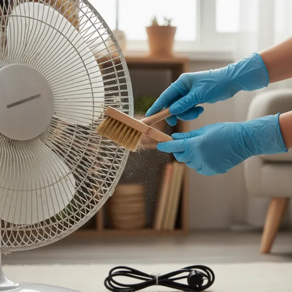 A person inspecting and cleaning a dusty fan blade to remove accumulated debris.