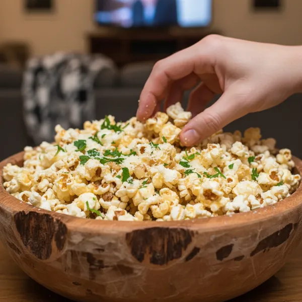 a large bowl filled with golden garlic parmesan popcorn, garnished with fresh parsley