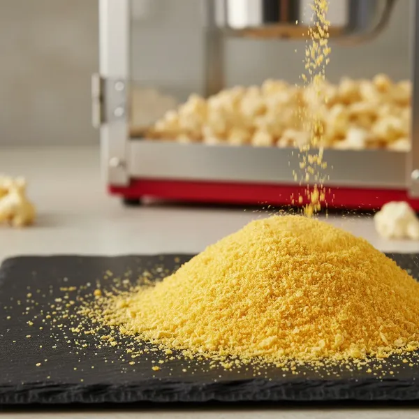 Close-up of yellow Flavacol seasoning salt, a key ingredient for authentic movie theater popcorn flavor.