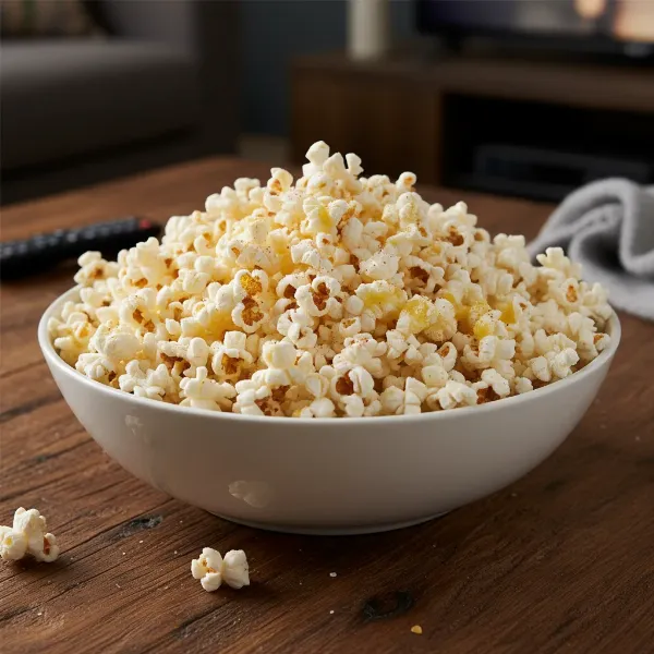 Large bowl of fluffy, air-popped popcorn with melted butter and seasoning.