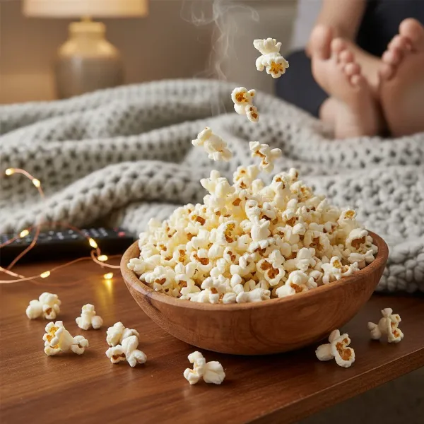 Fluffy, freshly popped popcorn made with a hot air popper, overflowing into a rustic serving bowl.