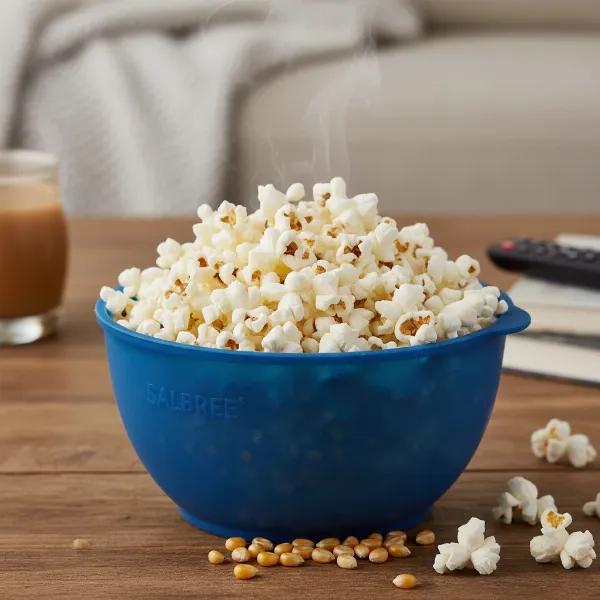Fluffy, freshly popped popcorn in a colorful Salbree silicone bowl, ready for seasoning.