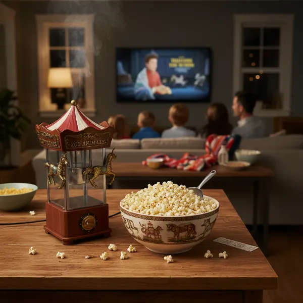 Fluffy, freshly popped popcorn in a bowl next to the Victorian popcorn maker, ready for family movie night.