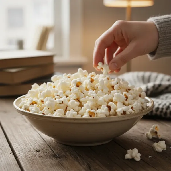 A close-up of a bowl filled with freshly popped, fluffy, and light hot air popcorn, ready for serving.