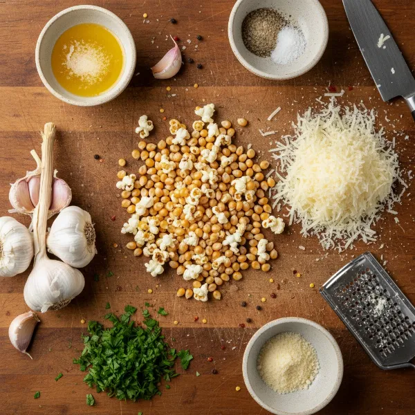close up shot of fresh garlic cloves, grated parmesan cheese, and popcorn kernels ready for preparation