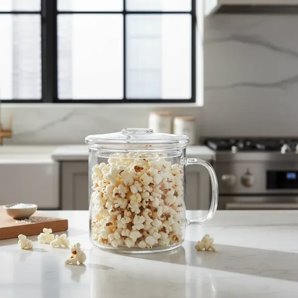 Elegant borosilicate glass microwave popcorn maker, clear design, ready for serving homemade popcorn.