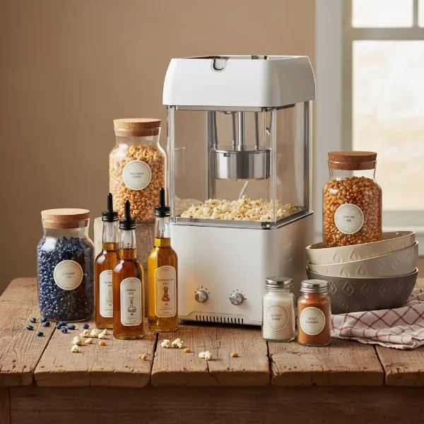 Assorted gourmet popcorn kernels, oils, seasonings, and serving bowls in a gift set.