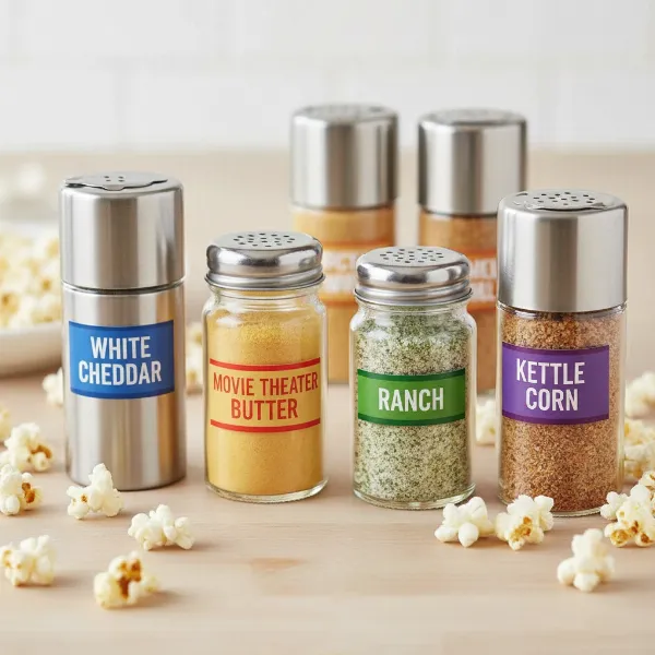 Assortment of gourmet popcorn seasoning shakers with different flavors and adjustable tops.