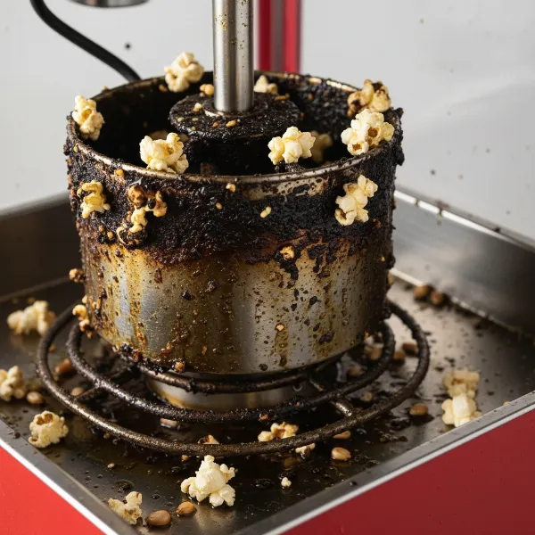 Close-up of a dirty, greasy popcorn machine kettle with burnt oil residue inside, needing cleaning.