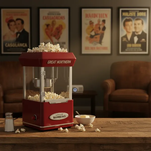 A Great Northern Little Bambino Tabletop Popcorn Maker in a home theater setting, filled with freshly popped popcorn, showcasing its retro design.