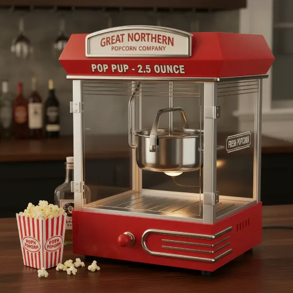 A compact red Great Northern Pop Pup oil popcorn maker, reminiscent of vintage movie theater machines.